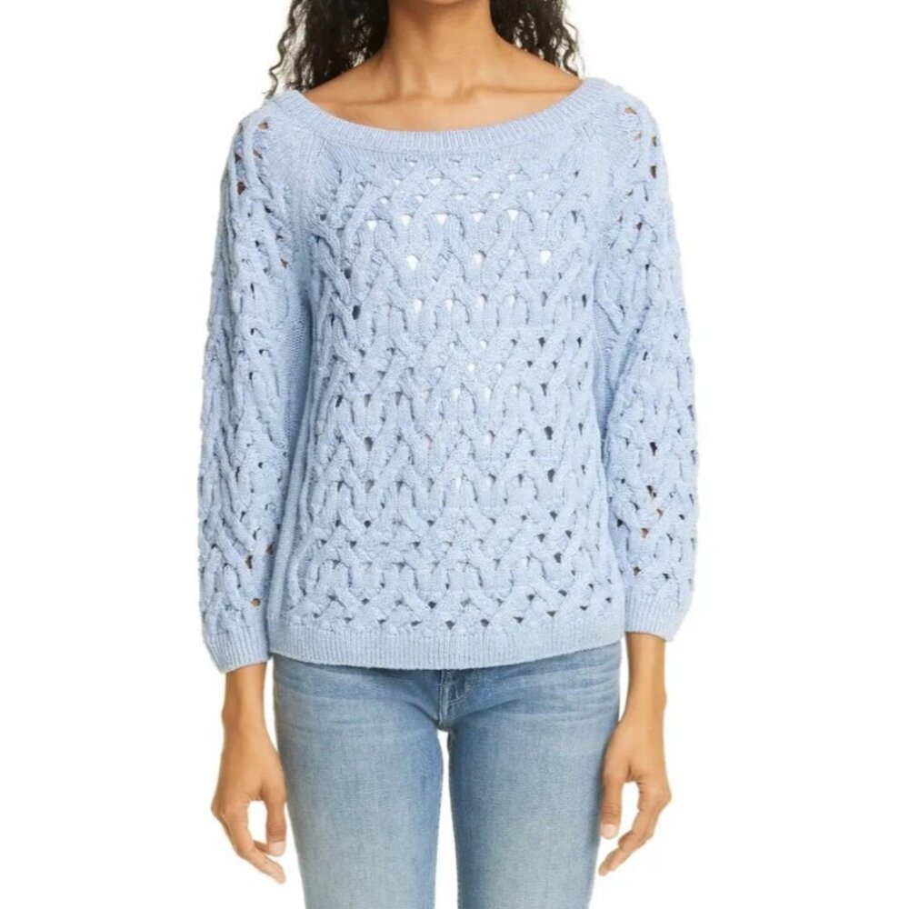 LAFAYETTE 148 New York Sequin Infinity Cable blue Metallic Sweater Size L